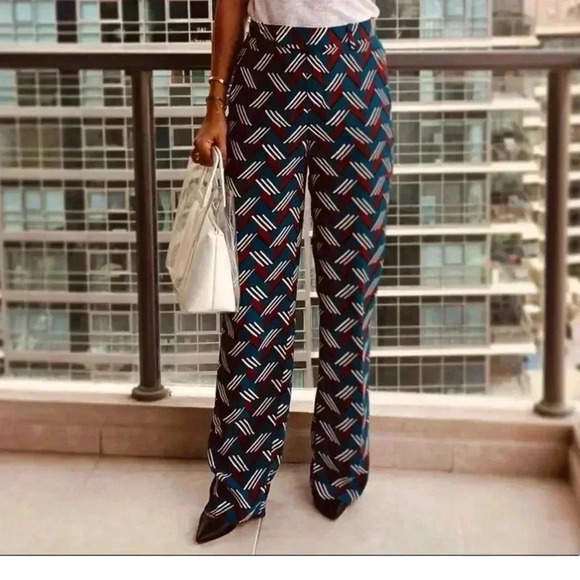 Zara Blue Red White High Waist Dress Pants w/ Pockets Small wide leg - Picture 1 of 5